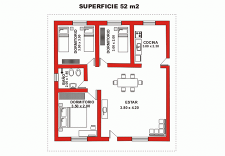 3 dormitorios - 52 m2